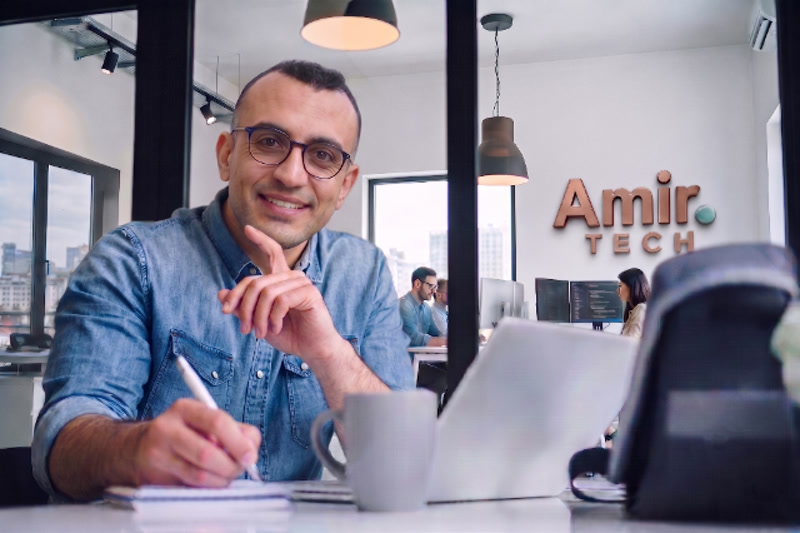Amir. Tech glass office — developer working at dual monitors with city view